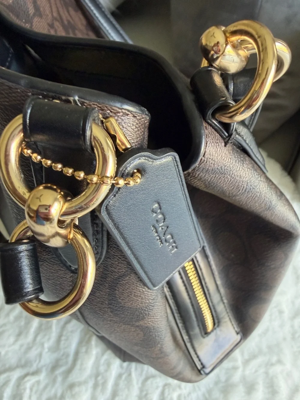 Coach Dark Brown Signature Canvas Shoulder Bag with Black Leather Straps - Picture 6 of 12